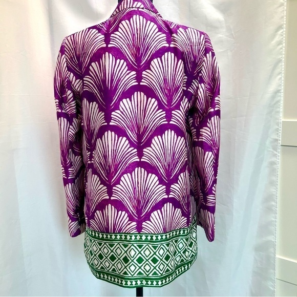 Zara fuchsia purple green printed satin open front long sleeve lapel blazer S - Picture 7 of 13